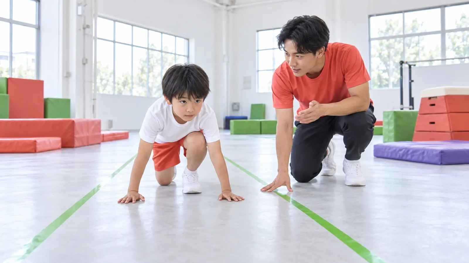 スタートの姿勢をとる子と先生
