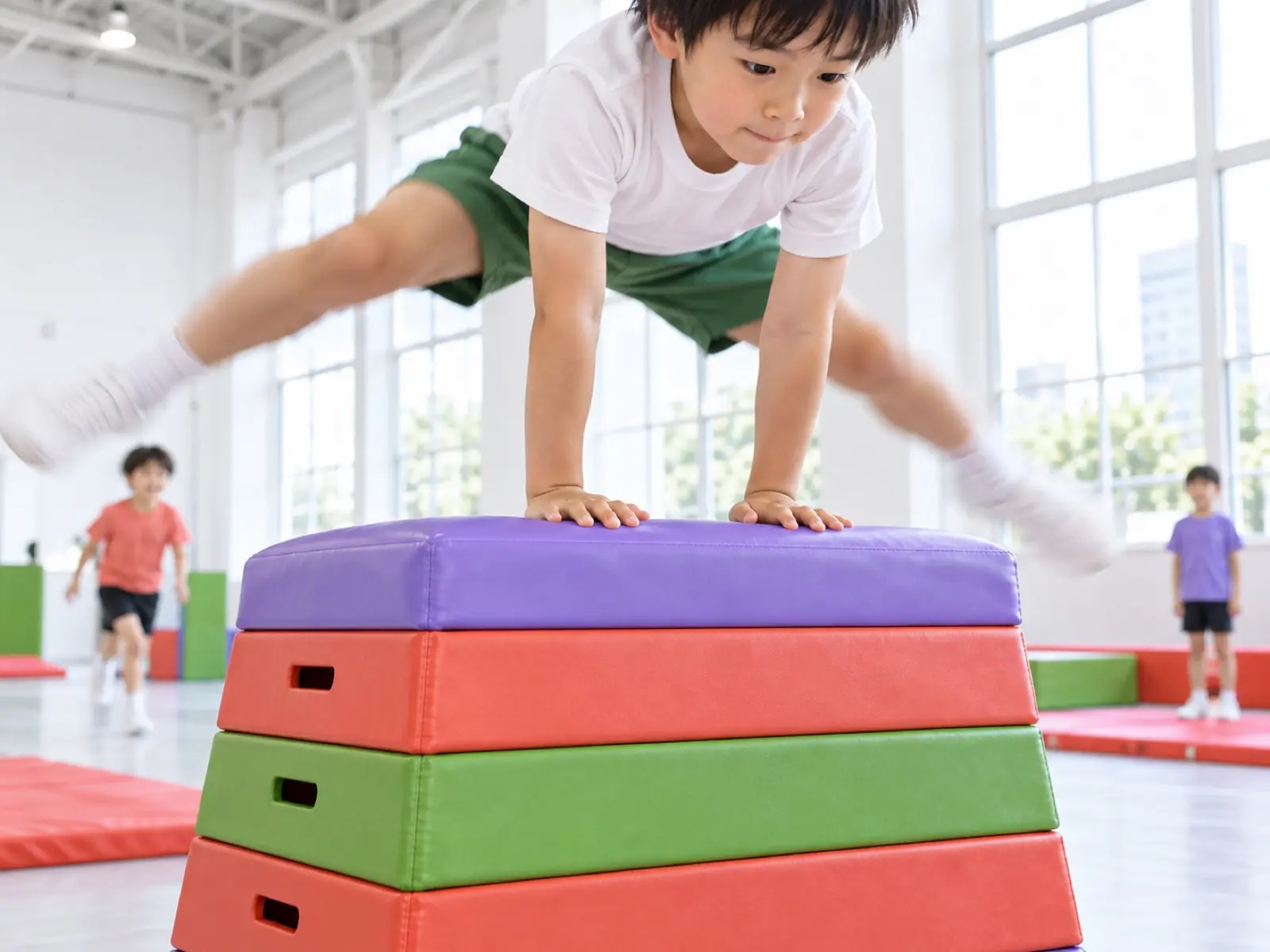 跳び箱に手をついて跳ぶ男の子