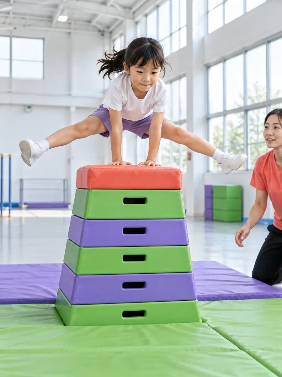 5段の跳び箱の上に立つ子